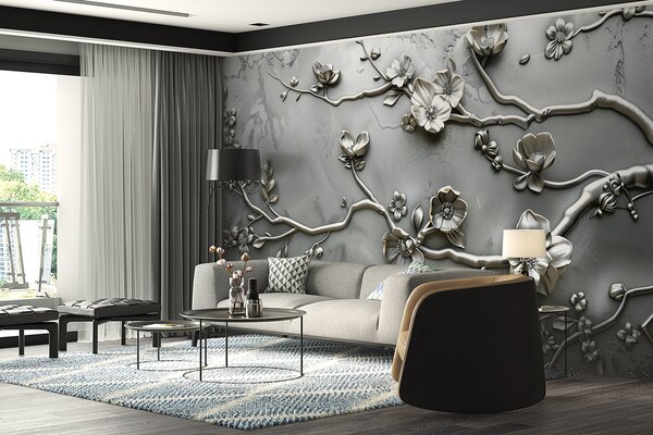 Fototapeta Stříbrný květinový vzor na stěně, 3D květinové fototapety, Populární fototapety, w01432 - Tapeko.co.cz