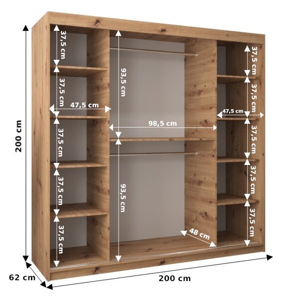 Šatní skříň DENISA - šířka 200 cm, dub artisan / černá
