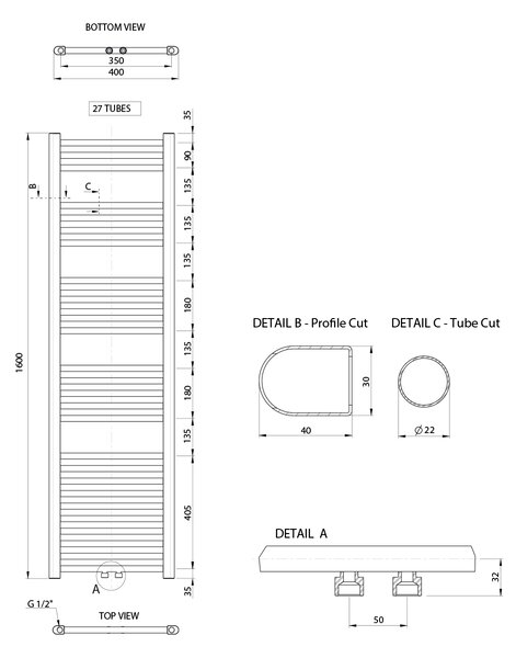 Aqualine ALYA otopné těleso rovné 400x1600mm, středové připojení, chrom LLS309