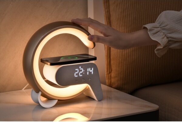 Immax 08987L-LEDRGB Stmívatelná lampa s budíkem a Qi nabíjením 30W/230V stříbrná