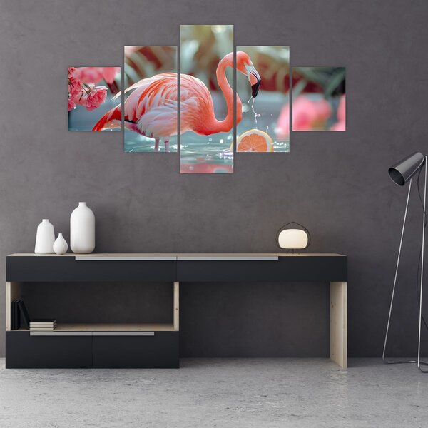 Obraz - Plameňák v jezírku (125x70 cm)