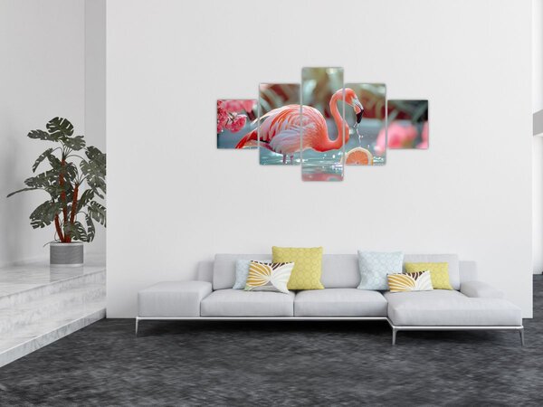 Obraz - Plameňák v jezírku (125x70 cm)