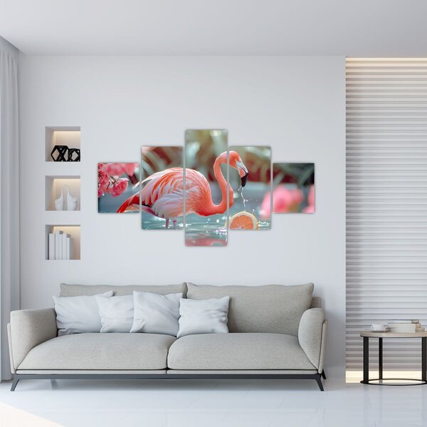 Obraz - Plameňák v jezírku (125x70 cm)