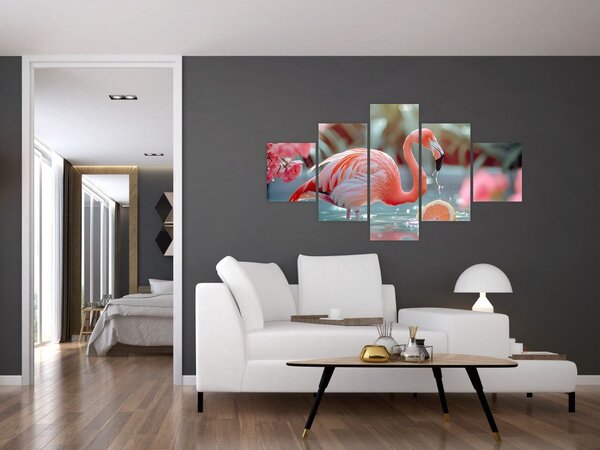 Obraz - Plameňák v jezírku (125x70 cm)