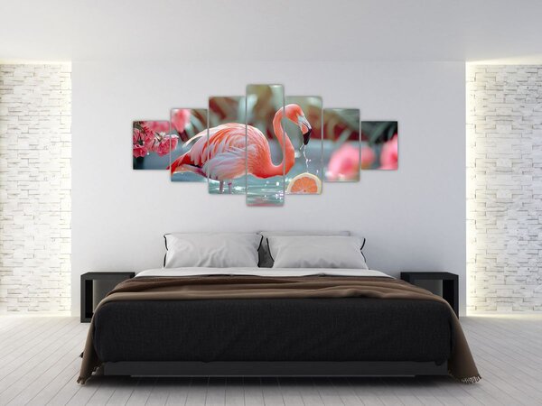 Obraz - Plameňák v jezírku (210x100 cm)