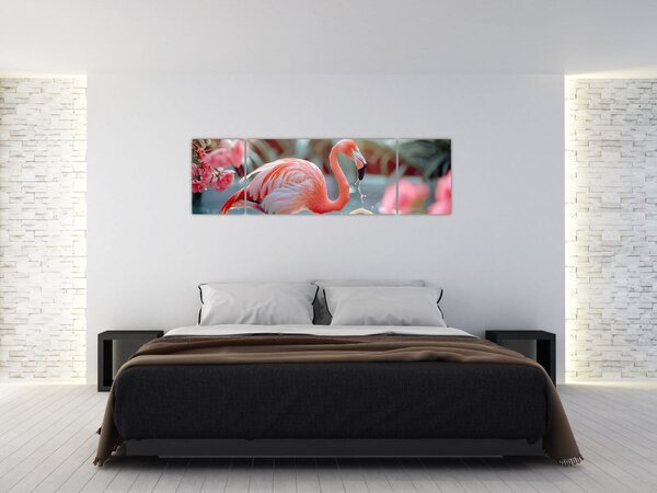 Obraz - Plameňák v jezírku (170x50 cm)