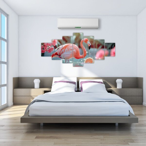 Obraz - Plameňák v jezírku (210x100 cm)