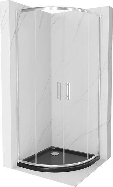Mexen Rio, čtvrtkruhový sprchový kout s posuvnými dveřmi 90 x 90 cm, 5mm čiré sklo, chromový profil + černá sprchová vanička, 863-090-090-01-00-4170