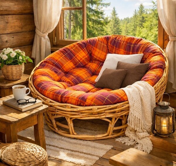 Posltr na křeslo papasan 110 cm - oranžovočervená kostka