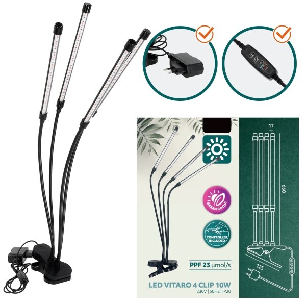 LED Stmívatelná lampa s klipem pro pěstování rostlin VITARO 4xLED/10W/230V černá