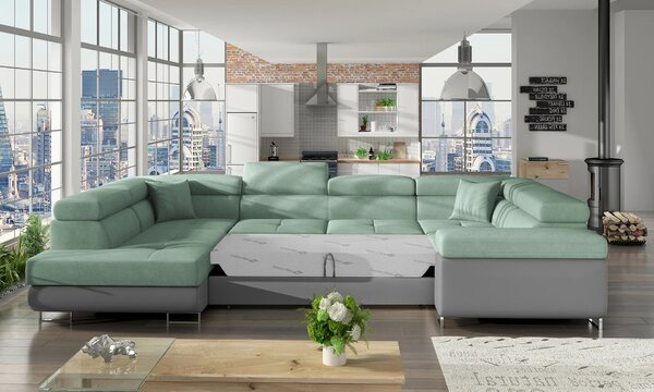 Rozkládací sedací souprava do U ORIANA - světle zelená / šedá eko kůže, levé provedení