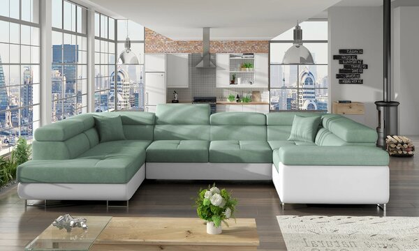Rozkládací sedací souprava do U ORIANA - světle zelená / bílá eko kůže, levé provedení