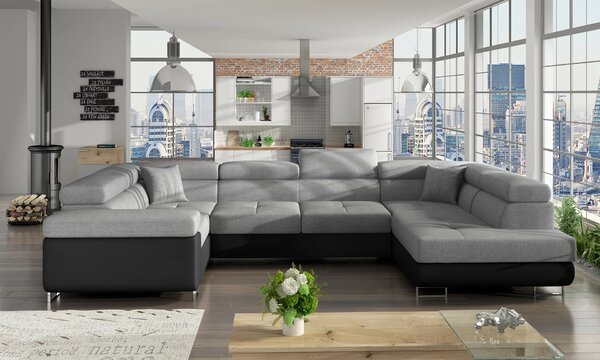 Rozkládací sedací souprava do U ORIANA - světle šedá / černá eko kůže, pravé provedení