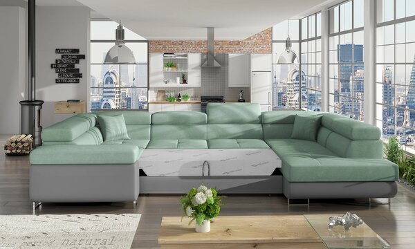 Rozkládací sedací souprava do U ORIANA - světle zelená / bílá eko kůže, pravé provedení