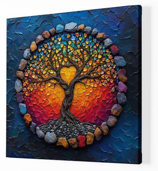 Obraz na plátně - Strom života Sluneční srdce s kamínky FeelHappy.cz Velikost obrazu (šířka x výška): 40 x 40 cm