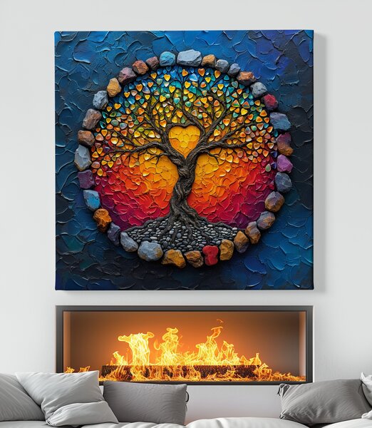 Obraz na plátně - Strom života Sluneční srdce s kamínky FeelHappy.cz Velikost obrazu (šířka x výška): 40 x 40 cm