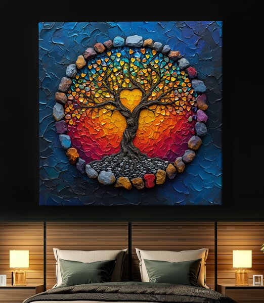 Obraz na plátně - Strom života Sluneční srdce s kamínky FeelHappy.cz Velikost obrazu (šířka x výška): 40 x 40 cm