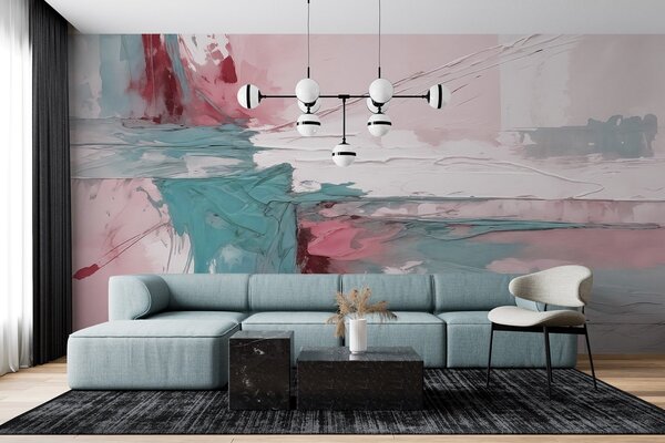 Fototapety Minimalistická abstraktní umělecká kompozice s odvážnými tahy štětcem v růžové, modré a bílé, Fototapety akvarel, w08414v1 : uwalls.cz