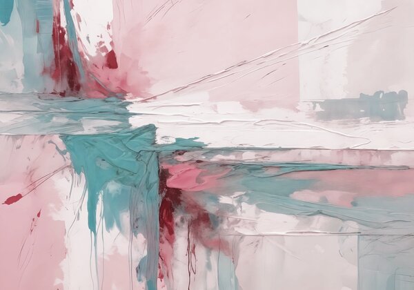 Fototapety Minimalistická abstraktní umělecká kompozice s odvážnými tahy štětcem v růžové, modré a bílé, Fototapety akvarel, w08414v1 : uwalls.cz