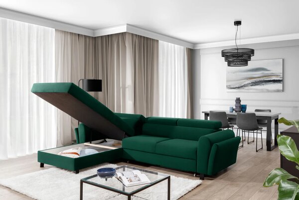 Elegantní rozkládací sedací souprava ASTRAEA - láhvově zelená, levý roh