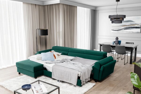 Elegantní rozkládací sedací souprava ASTRAEA - zelená, levý roh