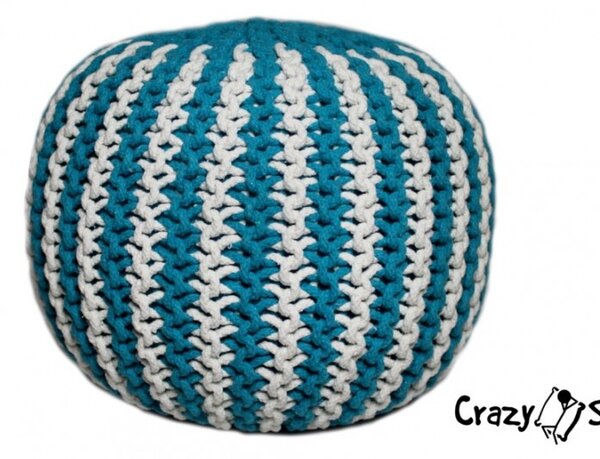 Pletený puf CRAZYSHOP TWIN, tyrkysovo-bílá (ručně pletený)