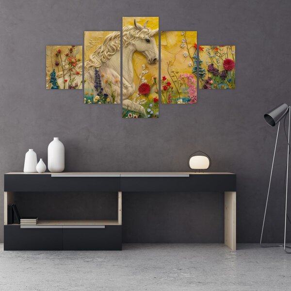 Obraz - Jednorožec s květinami (125x70 cm)