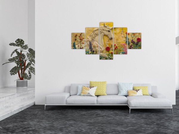 Obraz - Jednorožec s květinami (125x70 cm)