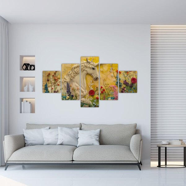 Obraz - Jednorožec s květinami (125x70 cm)