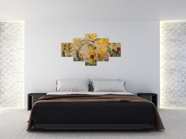 Obraz - Jednorožec s květinami (125x70 cm)