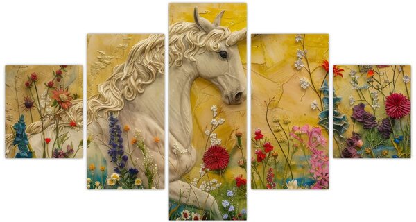 Obraz - Jednorožec s květinami (125x70 cm)