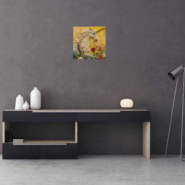 Obraz - Jednorožec s květinami (30x30 cm)
