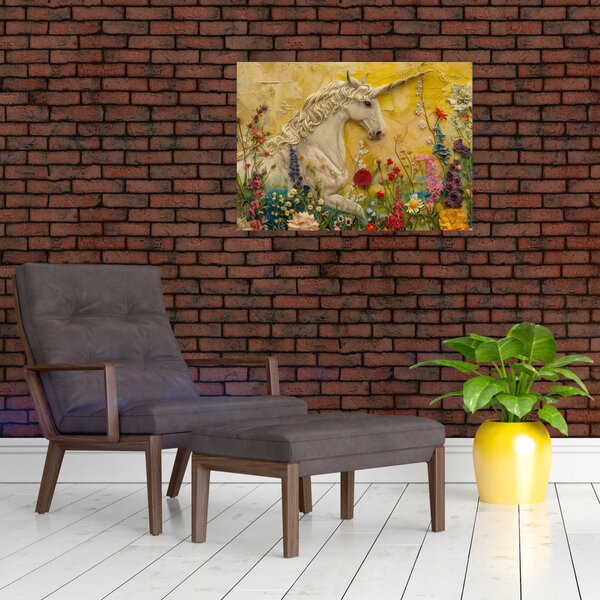 Obraz - Jednorožec s květinami (70x50 cm)