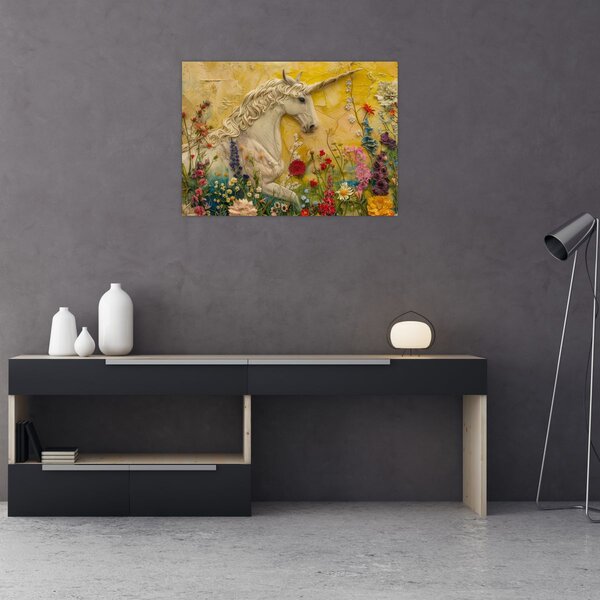 Obraz - Jednorožec s květinami (70x50 cm)