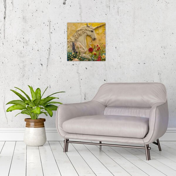 Obraz - Jednorožec s květinami (30x30 cm)