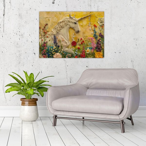 Obraz - Jednorožec s květinami (70x50 cm)