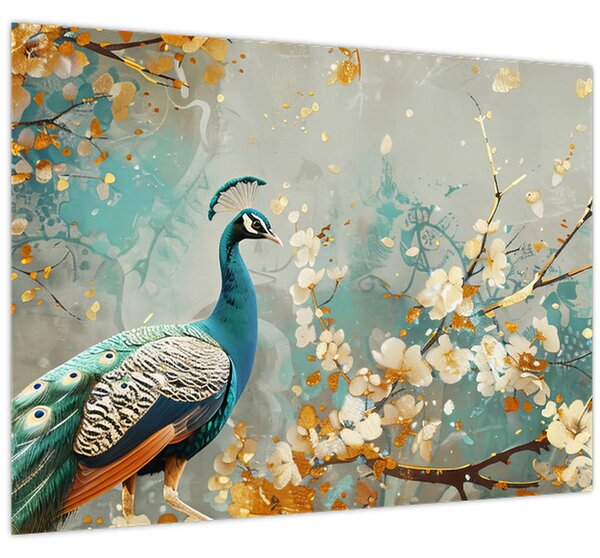 Obraz - Páv se zlatým dekorem (70x50 cm)