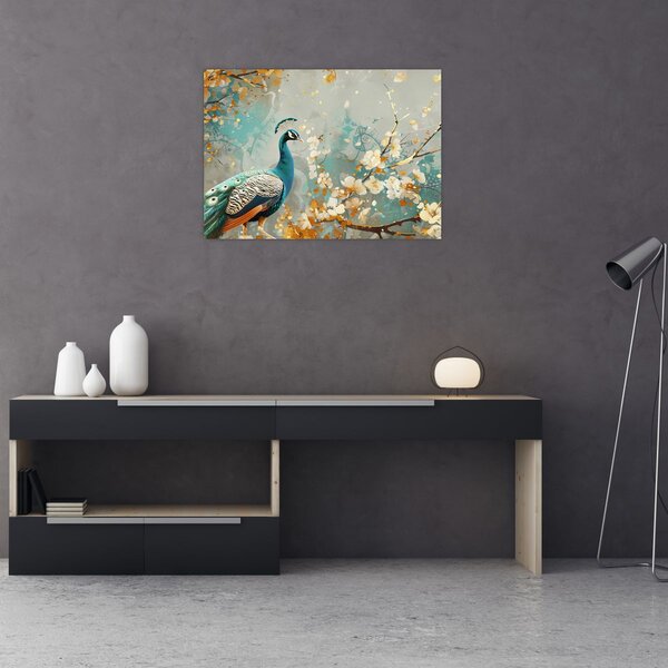 Obraz - Páv se zlatým dekorem (70x50 cm)