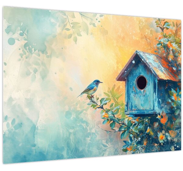 Obraz - Ptačí budka, akvarel (70x50 cm)
