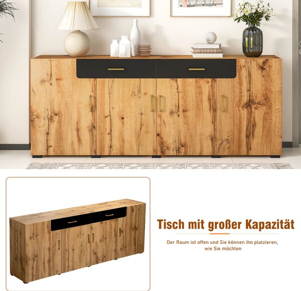 Příborník Sweiko, kuchyňská skříňka, úložná skříňka, 208 x 39,5 x 80 cm, komoda se 4 dvířky, 2 zásuvky, bufety