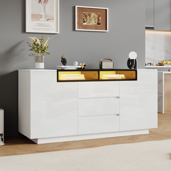 Sweiko 140x40x68cm obývací příborník se 2 dvířky ve tvaru L, skříňka do obývacího pokoje s nastavitelnými příčkami a LED osvětlením, skříňka ve vysokém lesku se 3 zásuvkami, komoda, bílá+černá
