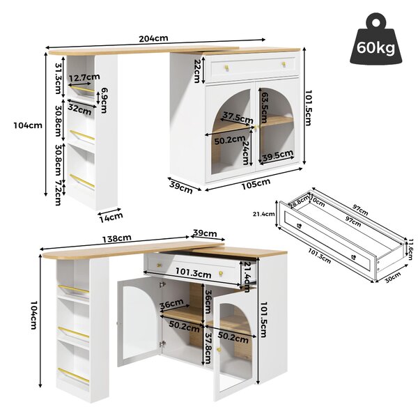 Sweiko Rozkládací barový stůl s úložným prostorem (138-204 × 39 × 104 cm), jídelní bar otočný o 360°, moderní pojízdný barový stůl, vysoký stůl kuchyňský ostrovní bistro stůl, příborník s policemi a sklem, bílý