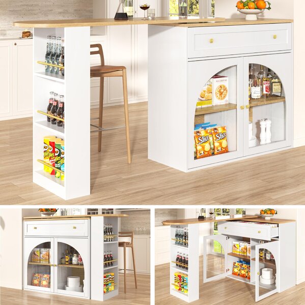Sweiko Rozkládací barový stůl s úložným prostorem (138-204 × 39 × 104 cm), jídelní bar otočný o 360°, moderní pojízdný barový stůl, vysoký stůl kuchyňský ostrovní bistro stůl, příborník s policemi a sklem, bílý