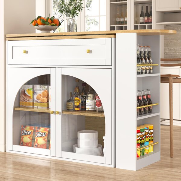 Sweiko Rozkládací barový stůl s úložným prostorem (138-204 × 39 × 104 cm), jídelní bar otočný o 360°, moderní pojízdný barový stůl, vysoký stůl kuchyňský ostrovní bistro stůl, příborník s policemi a sklem, bílý