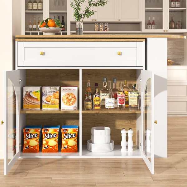 Sweiko Rozkládací barový stůl s úložným prostorem (138-204 × 39 × 104 cm), jídelní bar otočný o 360°, moderní pojízdný barový stůl, vysoký stůl kuchyňský ostrovní bistro stůl, příborník s policemi a sklem, bílý