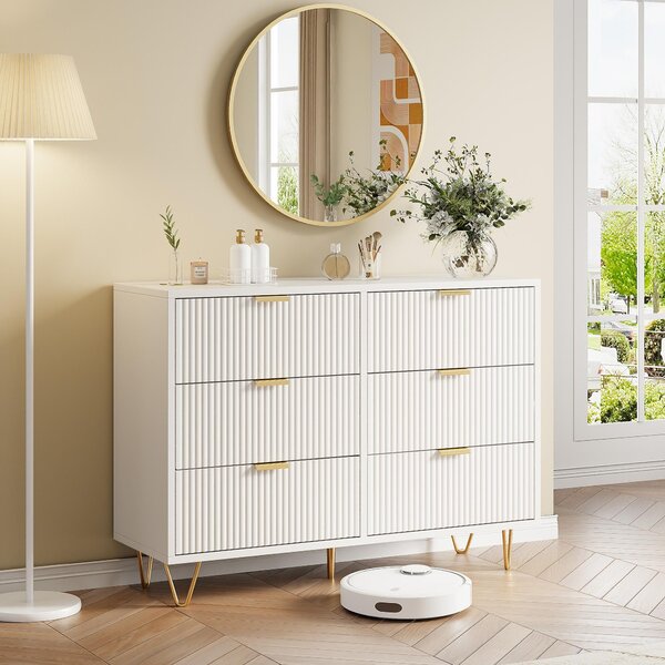 Komoda ProximaX se 6 zásuvkami, bílá, moderní design se zlatými úchyty, příborník do ložnice a obývacího pokoje