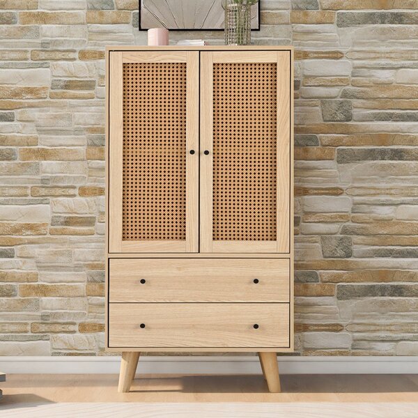 Sweiko highboard, příborník s ratanovými dvířky a 2 zásuvkami, dřevěné nohy, 60*40*120cm