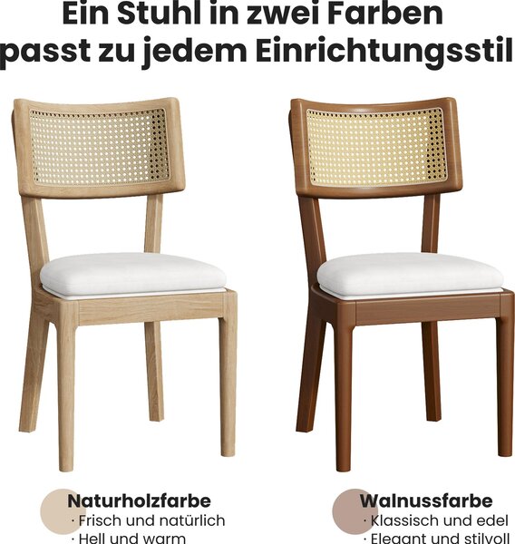 Sweiko 2 jídelní židle z masivního dřeva s ratanovými opěradly, pohodlné a prodyšné, vhodné do jídelen, obývacích pokojů, kaváren, moderní styl, sametové polštáře, ořechové dřevo