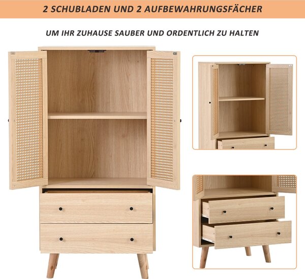 Sweiko highboard, příborník s ratanovými dvířky a 2 zásuvkami, dřevěné nohy, 60*40*120cm