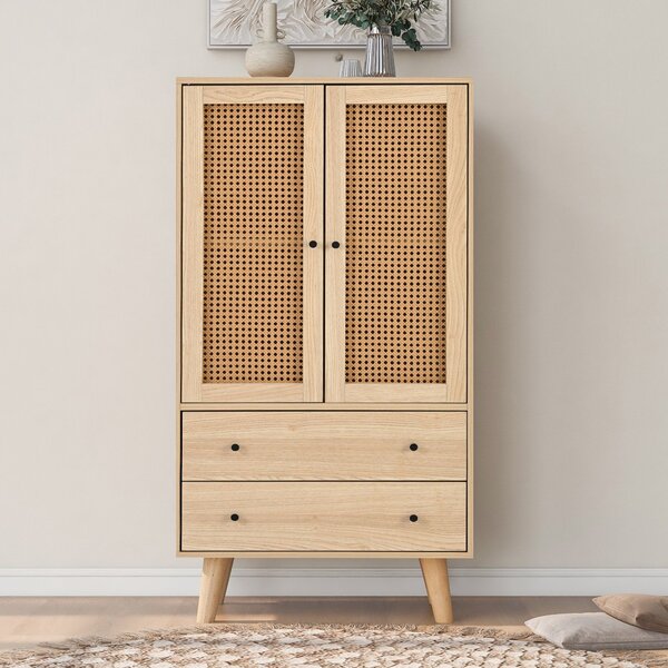 Sweiko highboard, příborník s ratanovými dvířky a 2 zásuvkami, dřevěné nohy, 60*40*120cm